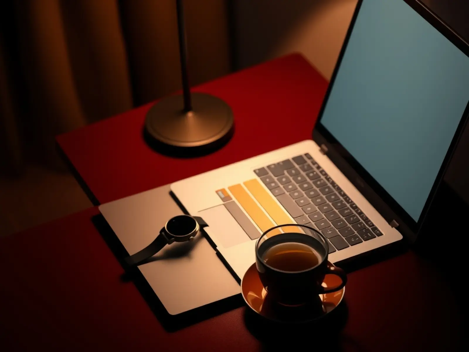 Spokojny wieczór przy laptopie i zegarku na stole